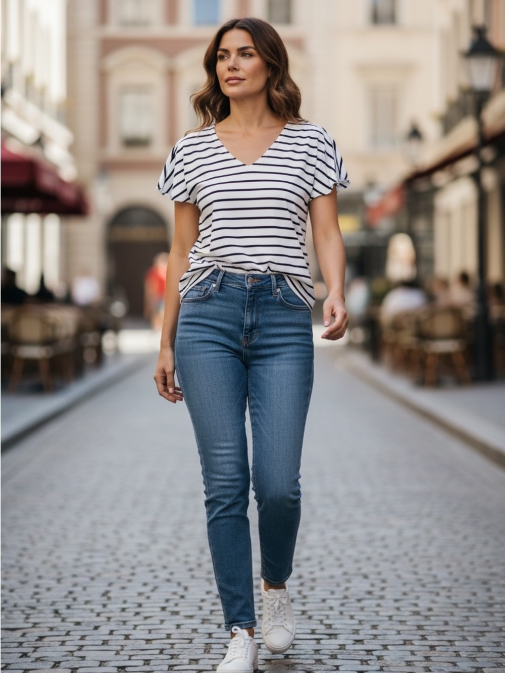 J. Crew Factory White/Black Striped Cotton V-Neck Short Flutter Sleeve Top | M